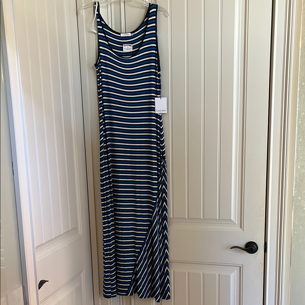 Calvin Klein Navy and White Striped Maxi Dress
